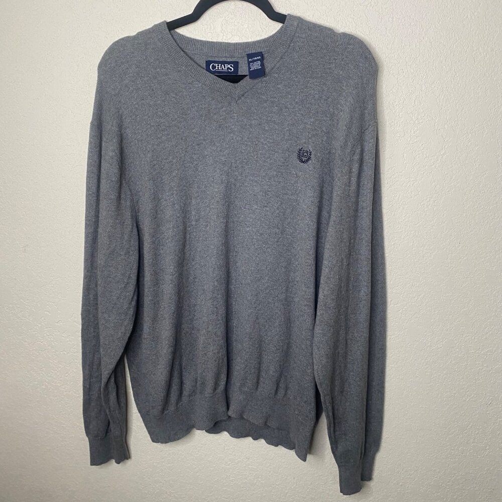 Chaps Cashmere Blend V-Neck Sweater‎ Mens  XL Gray Long Sleeves Pullover Preppy